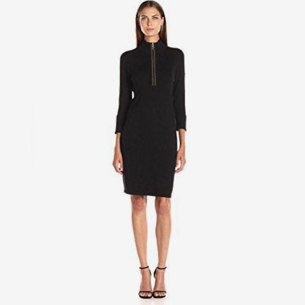 Calvin Klein gold studded zip front black sweater dress size large
